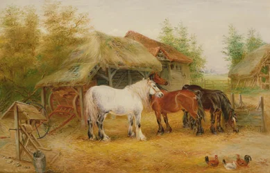 Caballos de Tiro en un Patio de Granja