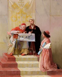 El papa Julio II mirando los planos del proyecto arquitectónico de Bramante para la basílica de San Pedro