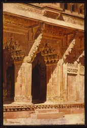 Arcos de arenisca roja curiosamente trabajados, Fuerte Agra, India, c.1885-95