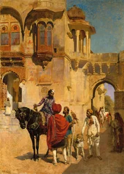 Partida para la caza en el patio delantero de un palacio de Jodhpur, c. 1898-1900