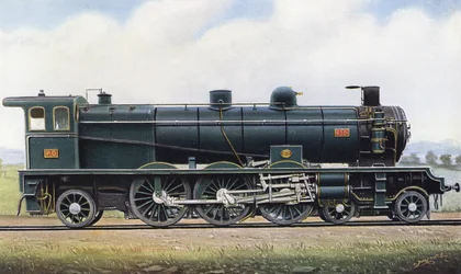 El producto de dos Repúblicas: Máquina de vapor tipo "Pacific" no. 4501, Ferrocarril París - Orleans. 1910 (litografía)