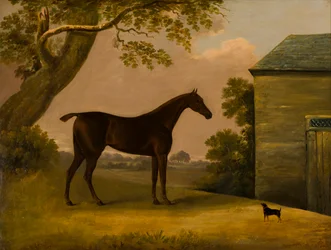Cazador de la bahía y un terrior fuera de un establo, c.1805 (óleo sobre lienzo)