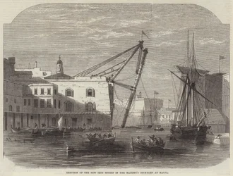 Erección de las nuevas tijeras de hierro en el astillero de Su Majestad en Malta