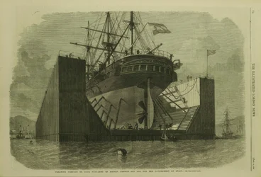 Pontón o dique flotante preparado por Messrs. Rennie and Son para el gobierno de España.