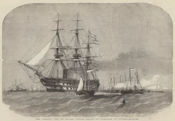 HMS Colossus, con la Flotilla de Botes de Guerra, saliendo de Motherbank hacia Portland