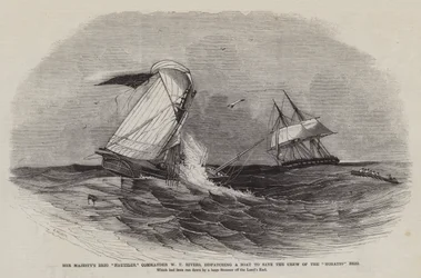 El bergantín Nautilus de Su Majestad, comandante W T Rivers, despachando un bote para salvar a la tripulación del bergantín Horatio