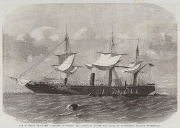 El buque de tropas de Su Majestad Transit, reacondicionando y recibiendo suministros para China en el puerto de Portsmouth