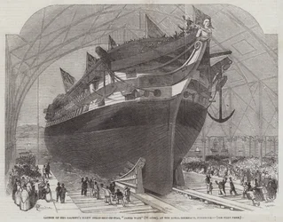 Lanzamiento del barco de guerra a vapor de tornillo de Su Majestad, James Watt (90 cañones), en el astillero real de Pembroke