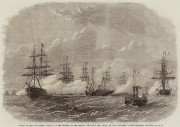 Apertura del Canal de Suez, Llegada de la Emperatriz de Francia, a Bordo del Aigle, en Port Said, la Escuadra Británica saludando