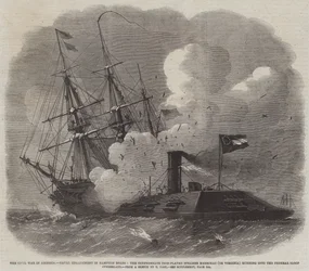 La Guerra Civil en América, Compromiso Naval en Hampton Roads, el Vapor Blindado Confederado Merrimac (o Virginia) chocando con el Bergantín Federal Cumberland