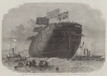 La nueva flota acorazada, lanzamiento en el astillero de Chatham del HMS Frigate Royal Oak, 50 cañones