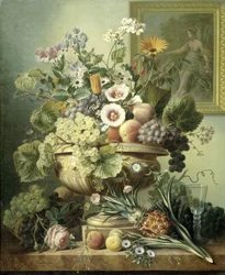 Bodegón con flores y frutas