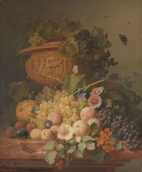 Bodegón con flores y frutas