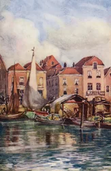 El Rin: Dordrecht, La Pescadería (litografía en color)