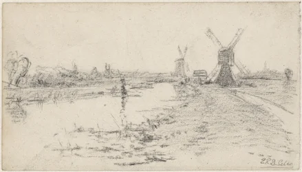 Paisaje con río y dos molinos de viento