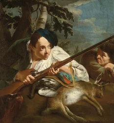 Cazadores descansando con piezas muertas en un paisaje boscoso, c.1705-84 (óleo sobre lienzo)