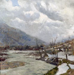 Rayo de sol, pintura de Egidio Riva (1866-1946), óleo sobre lienzo, 74x74 cm, Italia, siglo XX