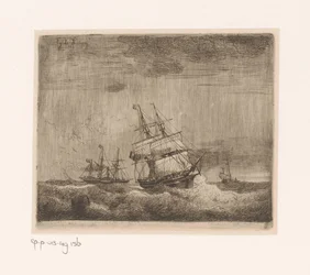 Barcos de vela y un barco de vapor de paletas en el mar