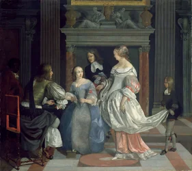 Un interior con damas y caballeros jugando a las cartas, mediados de la década de 1660 (óleo sobre lienzo)