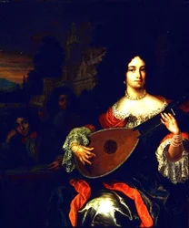 Una dama tocando un laúd con dos niños a su lado