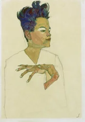 Autorretrato con las manos en el pecho. (Autorretrato Con Las Manos En El Pecho). Obra de Egon Schiele (1890-1918), acuarela y tiza sobre papel