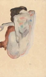 Desnudo agachado con zapatos y medias negras, vista trasera, 1912