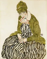 Edith Schiele con un vestido a rayas, sentada. Obra de Egon Schiele (1890-1918), lápiz y gouache sobre papel