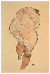 Desnudo femenino subiendo las medias, vista trasera, 1918