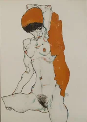 Desnudo femenino con tela rojo-naranja, 1914
