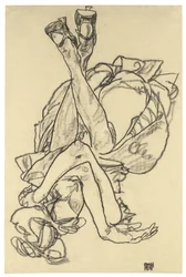 Chica acostada de espaldas con los brazos y piernas cruzados, 1918