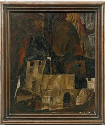 Haus und Mauer vor hügeligem Gelände - Casa y muro frente a un paisaje de colinas ...