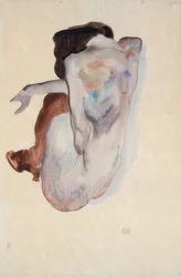 Desnudo agachado con zapatos y medias negras, vista trasera. 1912