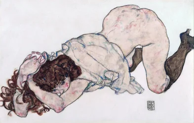Chica arrodillada, descansando sobre ambos codos - Schiele, Egon (1890-1918) - 1917 - Gouache sobre papel, Tiza negra - 28,7x44,3 - Museo Leopold, Viena