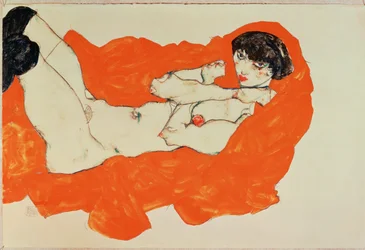 Desnudo femenino recostado sobre tela roja - Reclining ... (gouache y crayón negro)