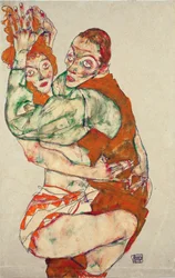 Hacer el amor - Schiele, Egon (1890-1918) - 1915 - Gouache, Tiza negra sobre papel - 49,6x31,7 - Museo Leopold, Viena