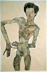 Desnudo masculino (Autorretrato). Dibujo de Egon Schiele (1890-1918), 1910. Dimensiones: 55,7 x 36,8 cm. Viena, Graphische Sammlung Albertina