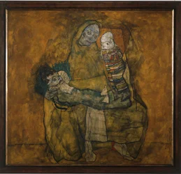 Madre con dos hijos (pintura sobre lienzo)