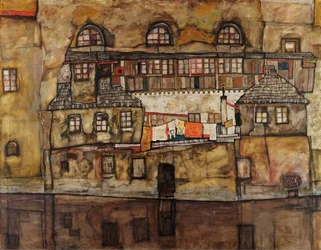 Muro de casas en el río - Pintura de Egon Schiele (1890-1918), óleo sobre lienzo