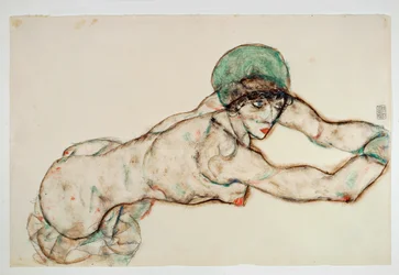 Mujer desnuda tumbada a la derecha con bonete verde (acuarela y lápiz)