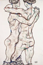 Chicas desnudas abrazándose - Schiele, Egon (1890-1918) - 1914 - Gouache, Tiza negra sobre papel - 48x31,2 - Museo Leopold, Viena