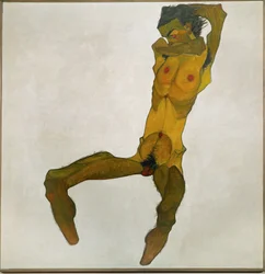 Retrato, desnudo (tiza negra, acuarela y color corporal sobre papel)