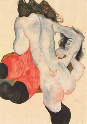 Mujer reclinada en pantalones rojos y desnudo femenino de pie, 1912
