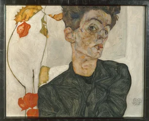 Autorretrato con frutos de farol ... (óleo y acuarela sobre lienzo)