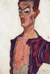 Autorretrato, muecas - Schiele, Egon (1890-1918) - 1910 - Gouache sobre papel - 45,3x30,7 - Museo Leopold, Viena