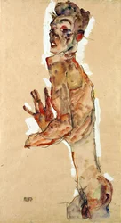 Autorretrato con los dedos abiertos - Schiele, Egon (1890-1918) - 1911 - Gouache, Tiza negra sobre papel - 52,5x28 - Museo Leopold, Viena