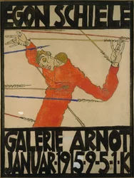 Autorretrato como San Sebastián, diseño de cartel para una exposición en la Galerie Arnot, 1914