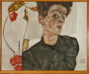 Autorretrato con linterna china y fruta (pintura sobre madera)