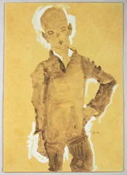 Niño de pie, mano izquierda en la cadera (gouache, acuarela y lápiz con realce blanco)