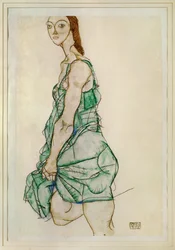 Mujer de pie con camisa verde (gouache, acuarela y lápiz)