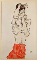 Desnudo masculino de pie con taparrabos rojo (gouache, acuarela y lápiz)